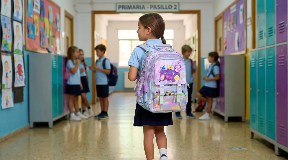 Mochila Escolar Lluvia Tornasol Parches Intercambiables