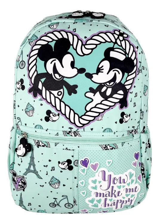 Mochila Escolar Lluvia Mickey Mouse 20l Turquesa Con Bolsillo Botella Estampado