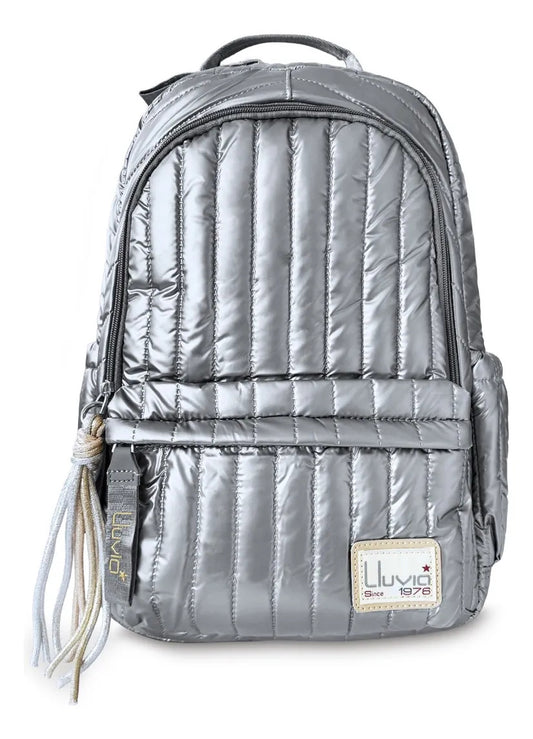 Mochila Juvenil Lluvia Gris Cromado Diseño Metálico