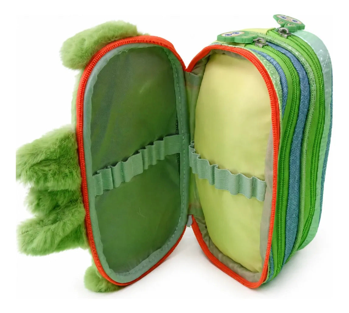 Lapicera Escolar Monster Afelpada Triple Cierre Color Verde