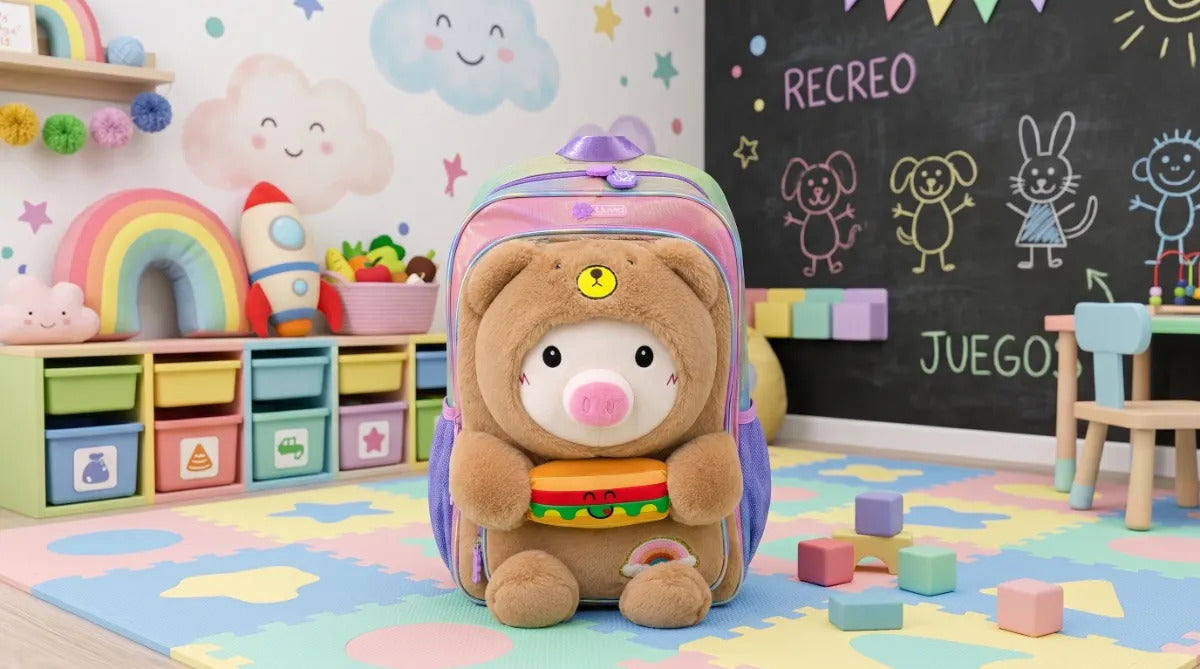 Mochila Escolar Kinder Lluvia Osito Marrón Peluche Tornasol