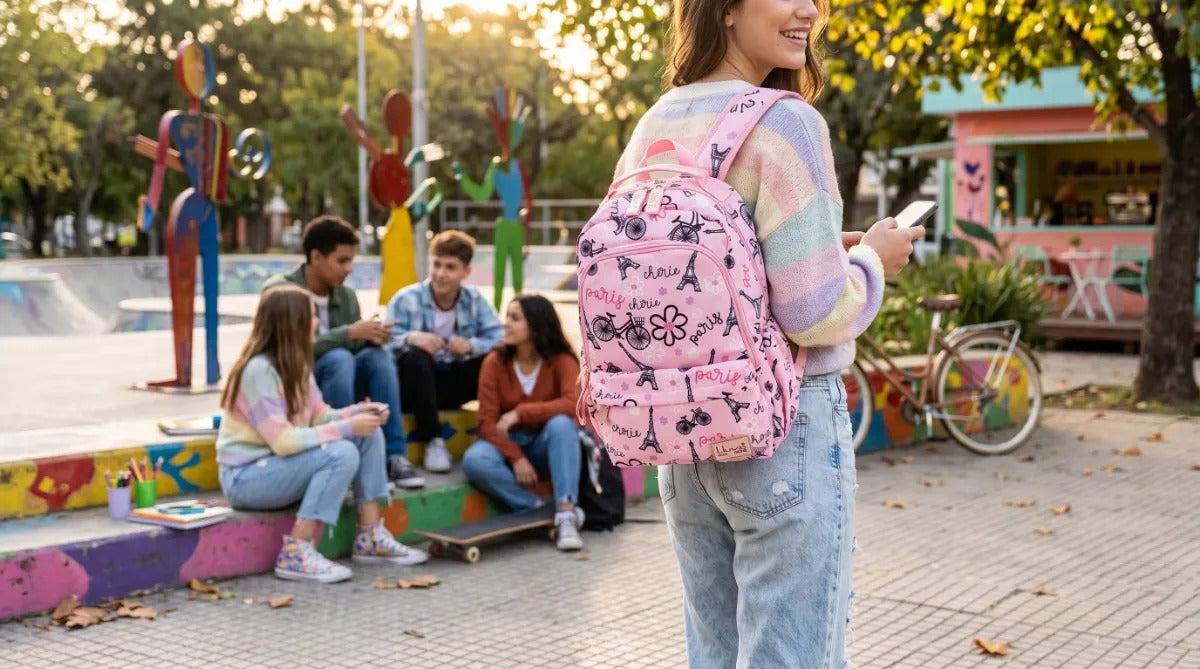 Mochila Escolar Lluvia Rosa Diseño Torre Eiffel Y Bicicletas