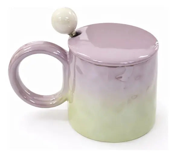 Taza Tornasol De Cerámica Con Tapa Y Cuchara Metalica 380 Ml