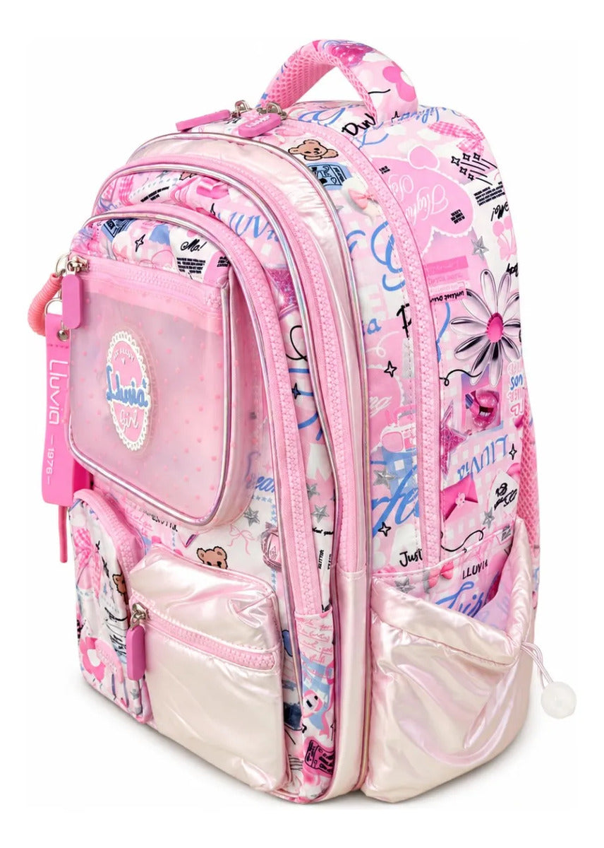 Mochila Escolar Lluvia Rosa Con Blanco Diseño Urban Girl