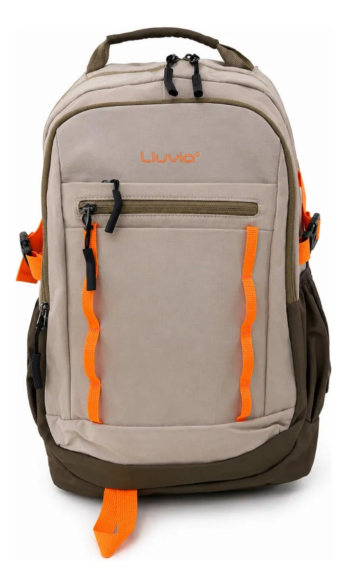 Mochila Escolar Lluvia Beige Verde Olivo Y Naranja Neón