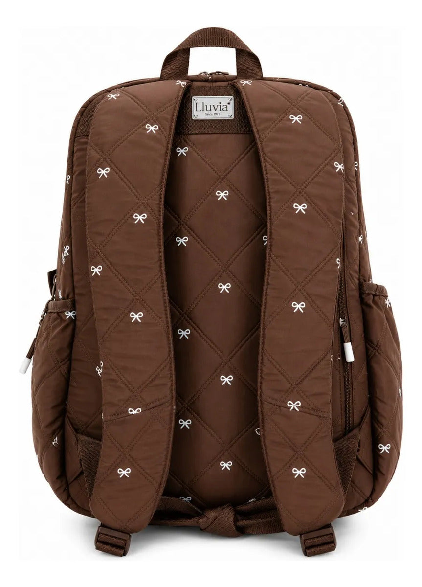 Set Escolar Lluvia Café Con Moños Mochila Lonchera Lapicera
