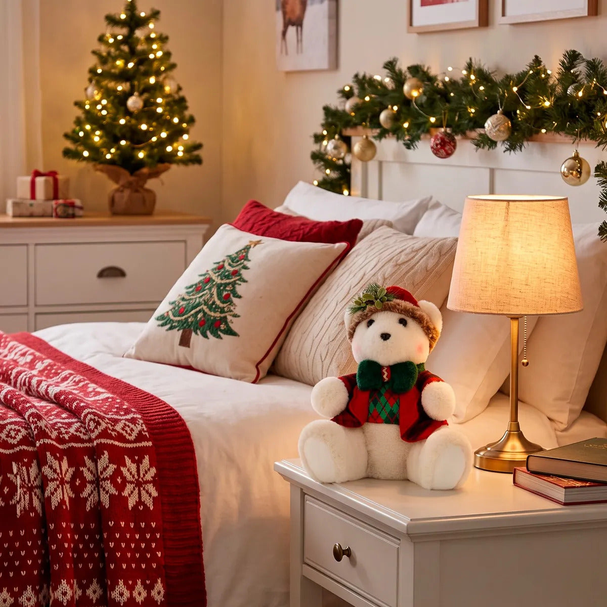 Osito Navideño Blanco Crema con Moño Verde 32 cm
