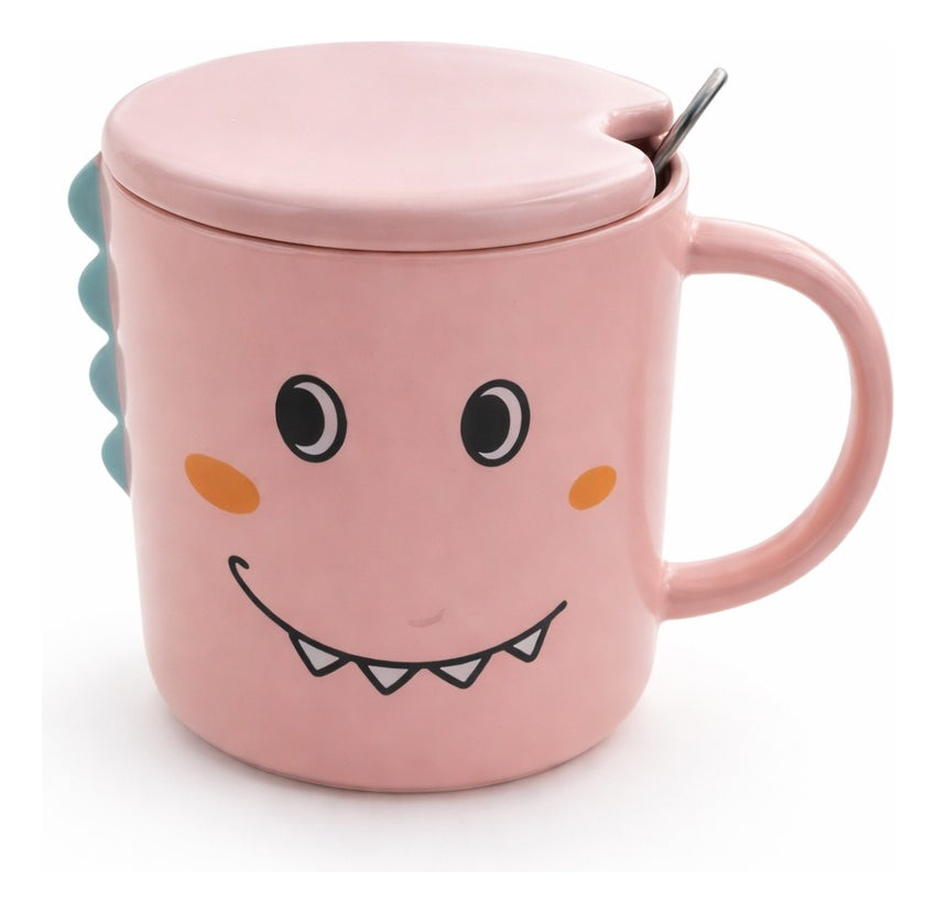 Taza Kawaii Dinosaurio Colores Rosa Verde Y Amarillo 350 Ml