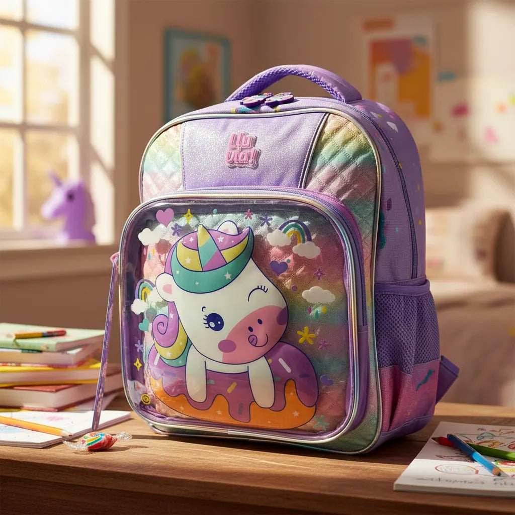 Mochila Primaria Set 3 Piezas Marca Lluvia Unicornio Burbuja