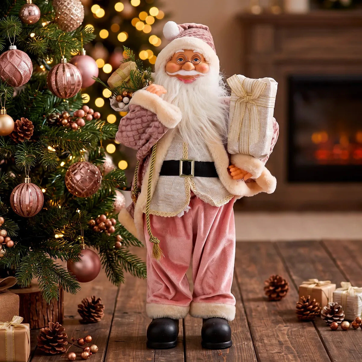 Santa Claus Lluvia Navideño Elegante Rosa y Dorado 60 cm