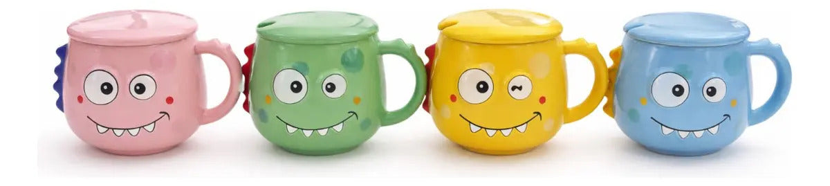 Taza Colorida Kawaii Monstruos Con Tapa Incluida 400 Ml