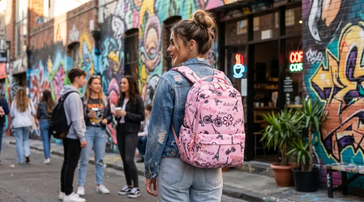 Mochila Escolar Lluvia Rosa Diseño Torre Eiffel Y Bicicletas