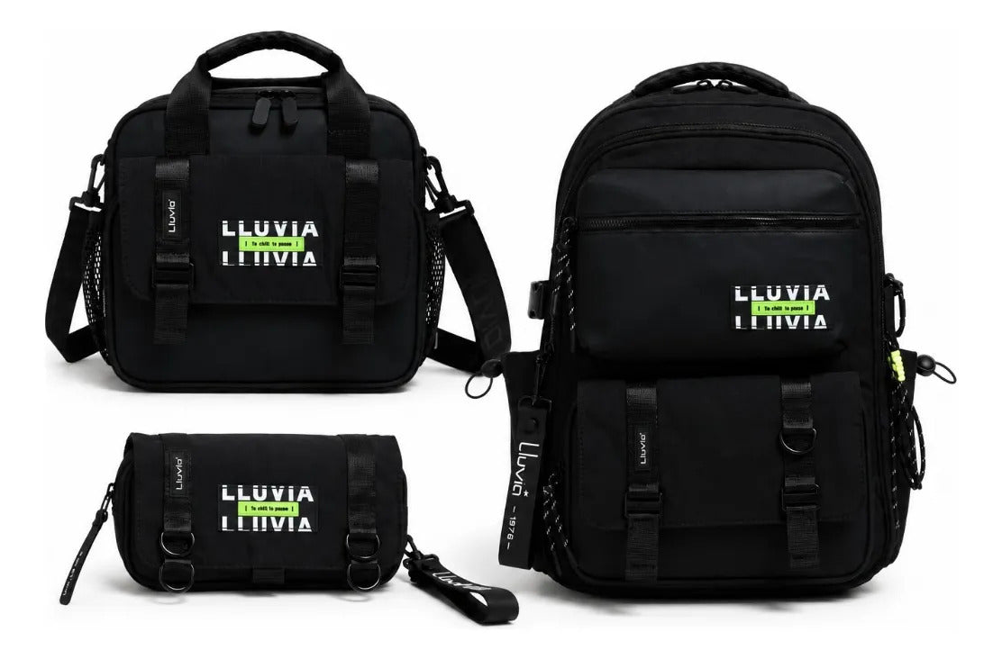 Set De Mochila Lluvia Negra Estilo Urbano Tres Piezas