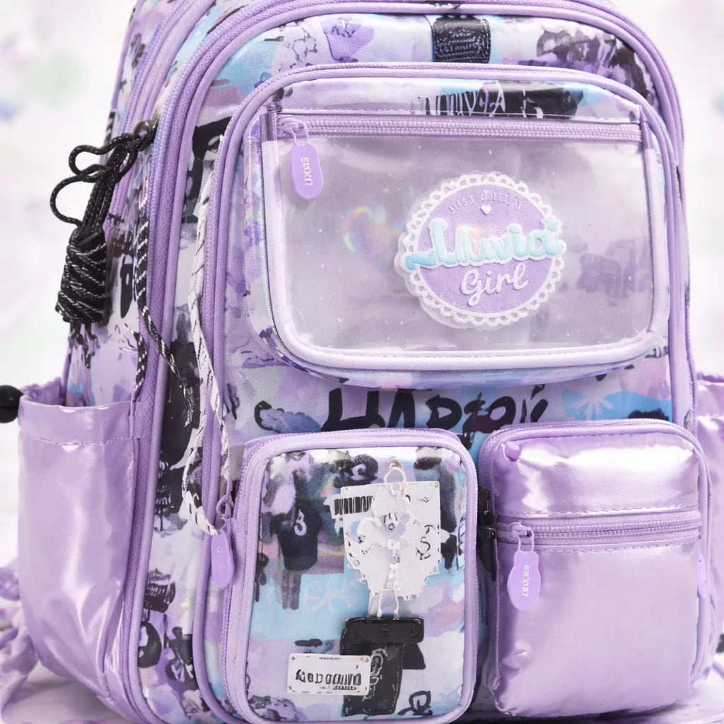 Mochila Escolar Juvenil Lila Lluvia Estilo Kawaii Collage