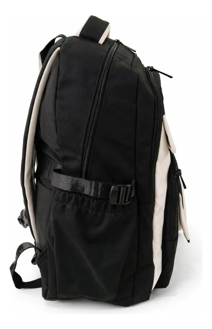 Mochila Juvenil Lluvia Negro Con Detalles Beige Antirrobo