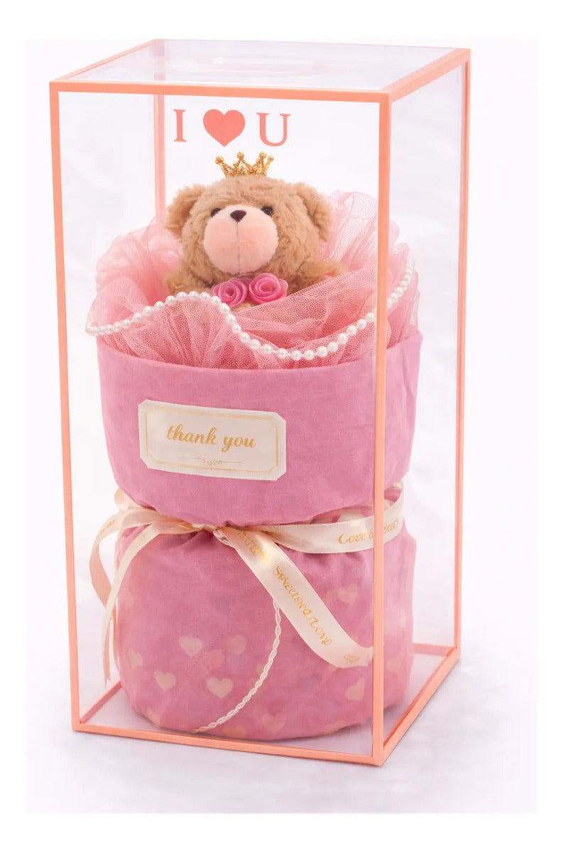 Detalle Romántico Con Osito Rosa Y Corona En Caja De Acetato