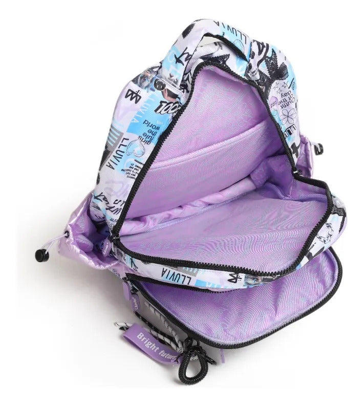 Mochila Escolar Juvenil Lila Lluvia Estilo Kawaii Collage