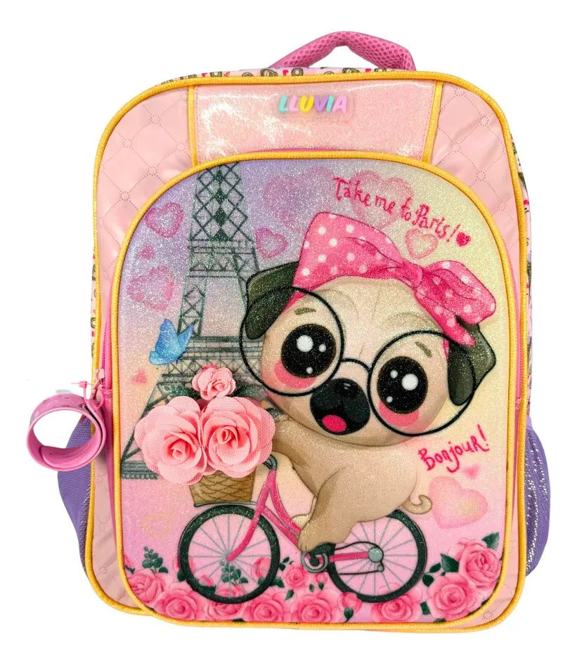 Mochila Primaria Set 3 Piezas Marca Lluvia Perrito Pug