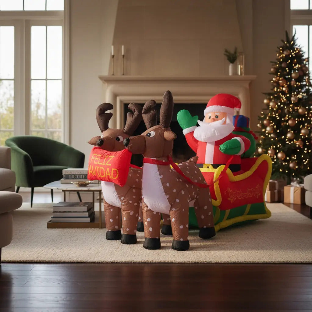 Inflable Navideño Santa Con Trineo Y Renos 150×210×90 Cm