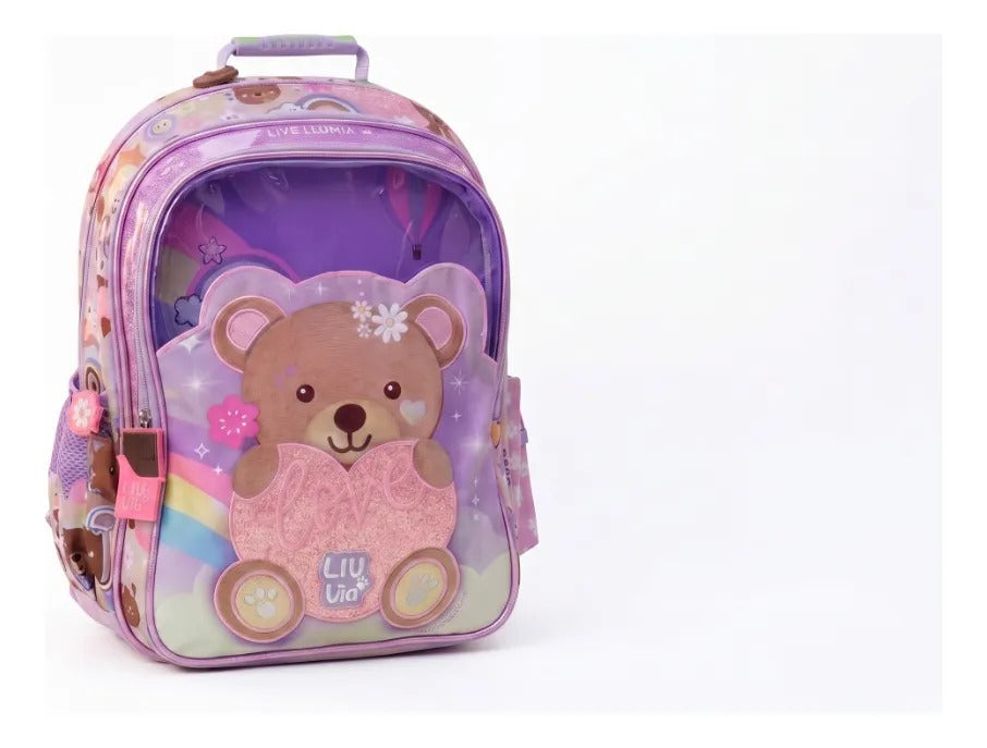 Mochila Lluvia Color Lila Con Frente Transparente Osito Love