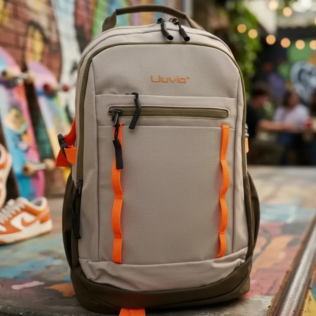 Mochila Escolar Lluvia Beige Verde Olivo Y Naranja Neón