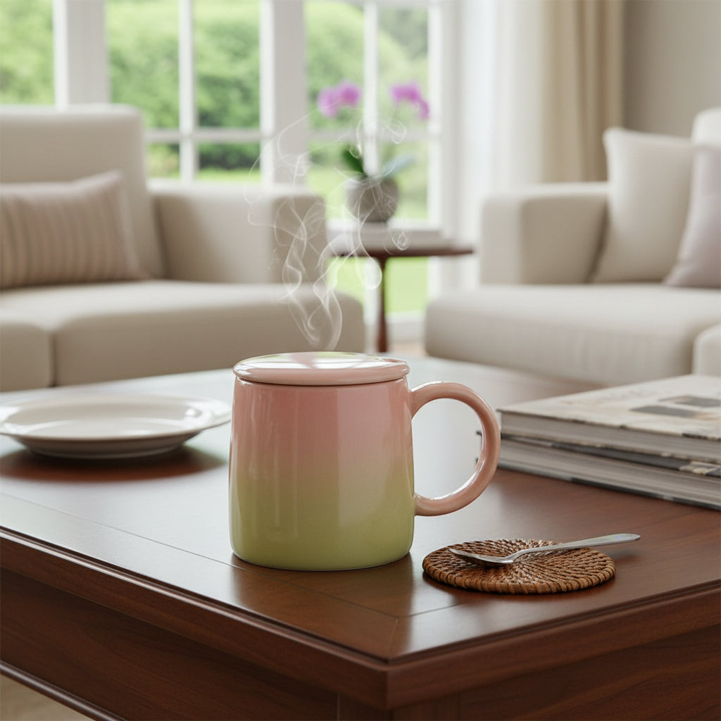 Taza Tornasol De Cerámica Con Tapa Y Cuchara Metalica 380 Ml