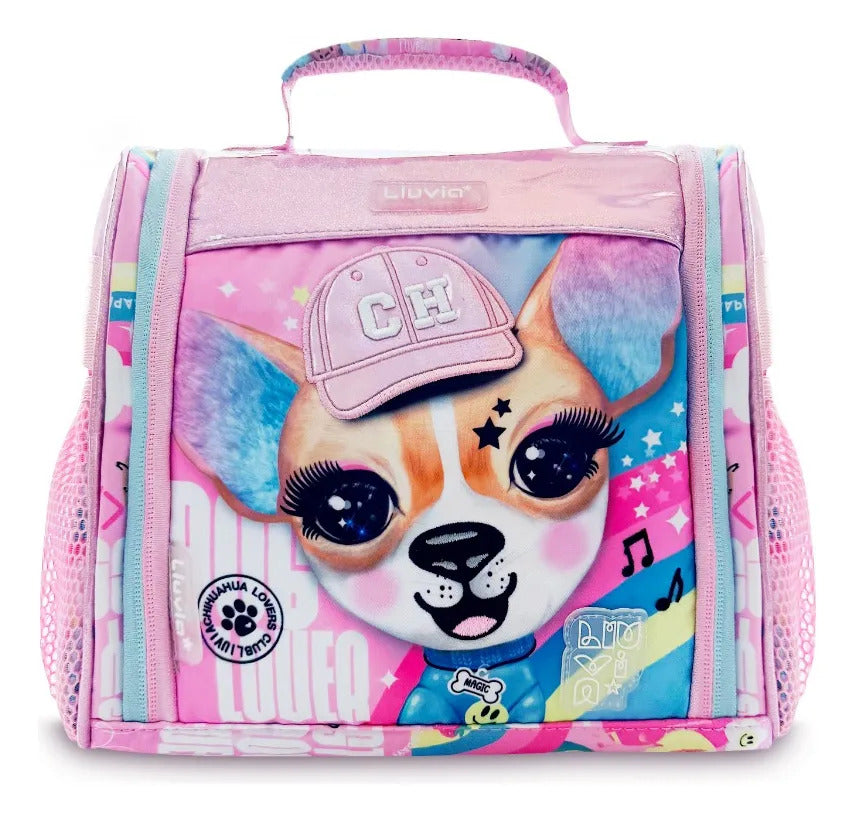 Set Mochila Lluvia Rosa Perrito Chihuahua Tres Piezas