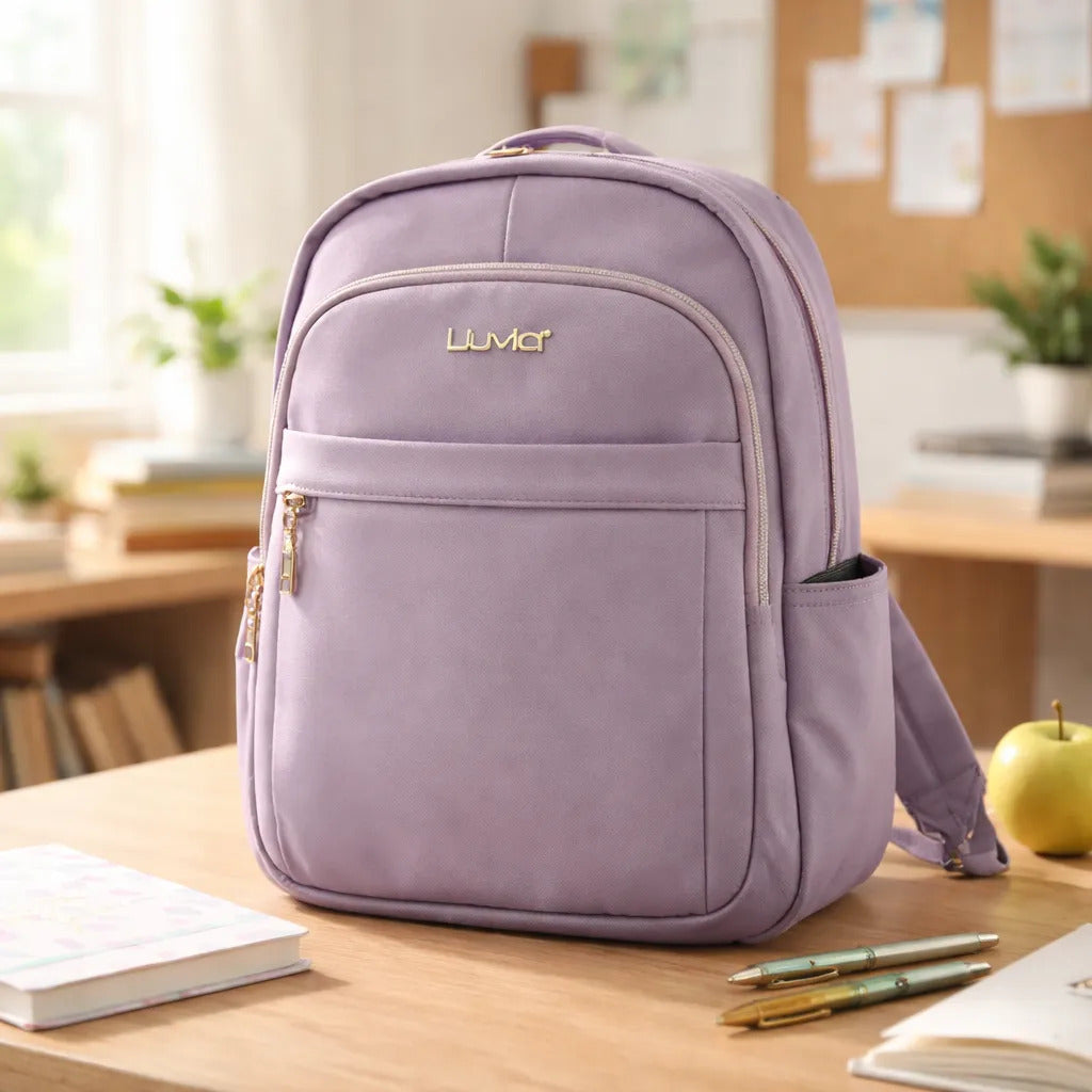 Mochila Juvenil Ejecutiva Lluvia Lila Satinado Con Dorado