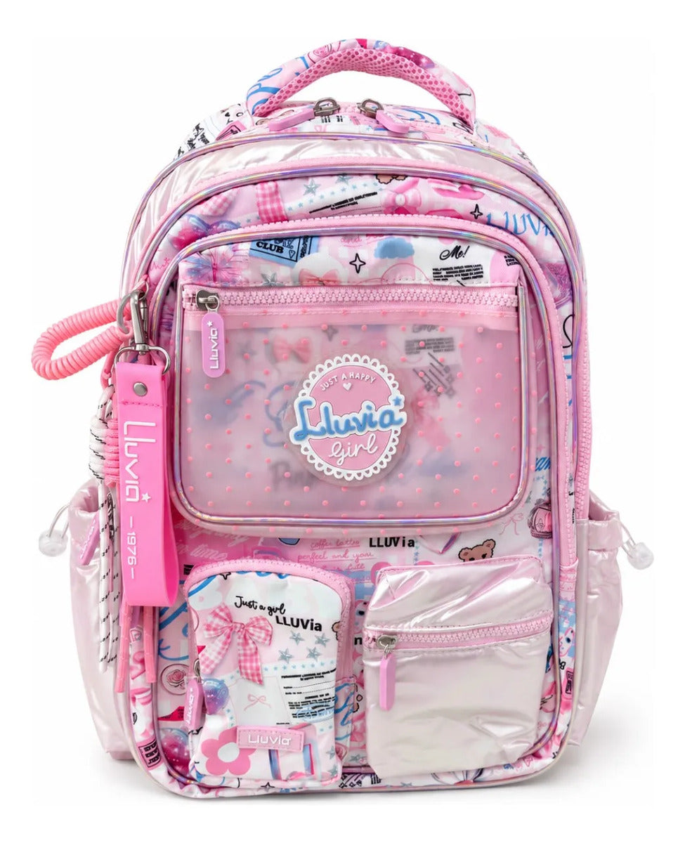 Mochila Escolar Lluvia Rosa Con Blanco Diseño Urban Girl
