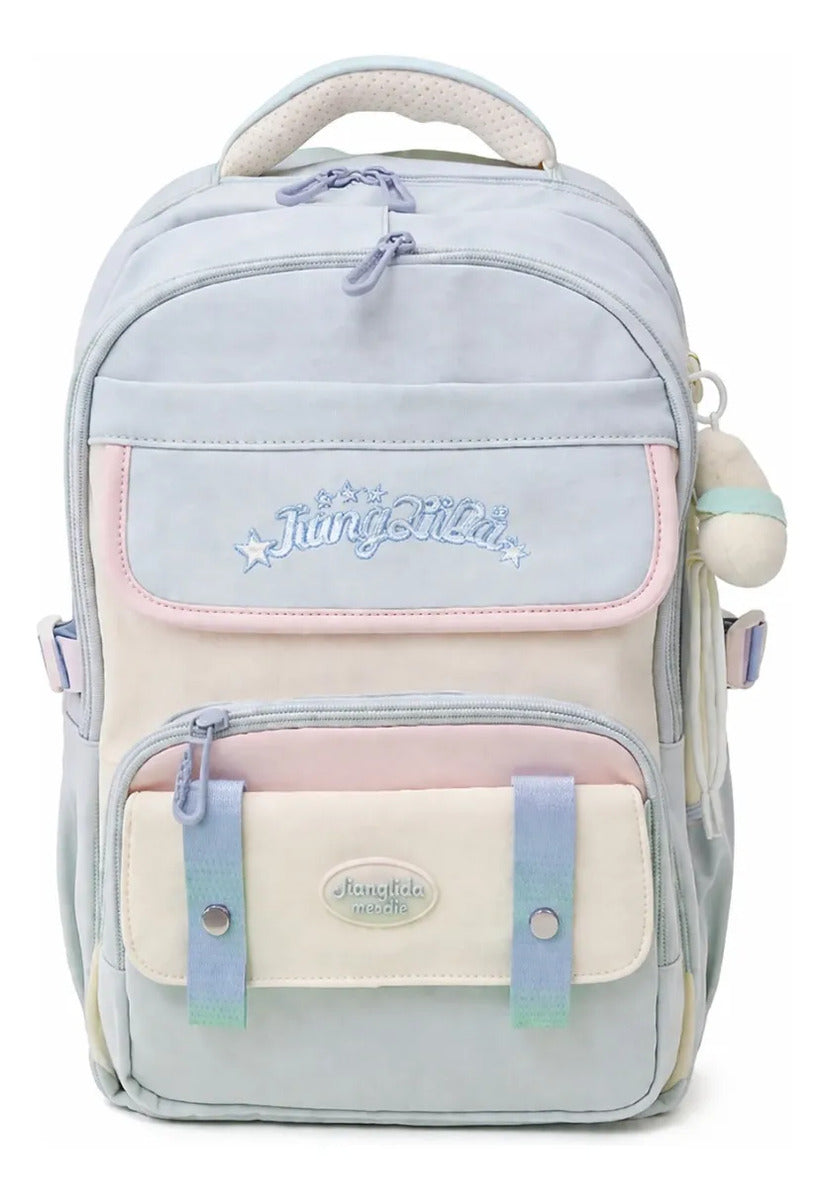 Mochila Juvenil Lluvia Azul Pastel Con Detalles Rosa Y Amarillo