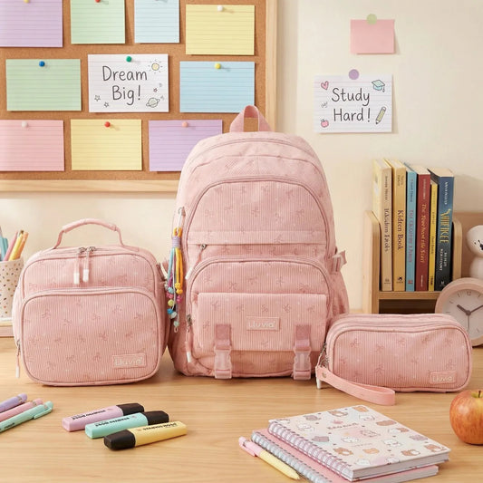 Set Escolar 3 Piezas Rosa Diseño Moños Mochila Comple