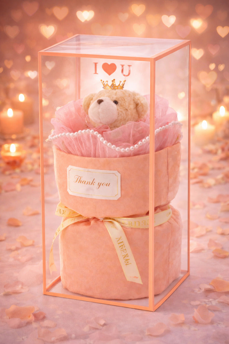 Detalle Romántico Con Osito Durazno En Caja De Acetato