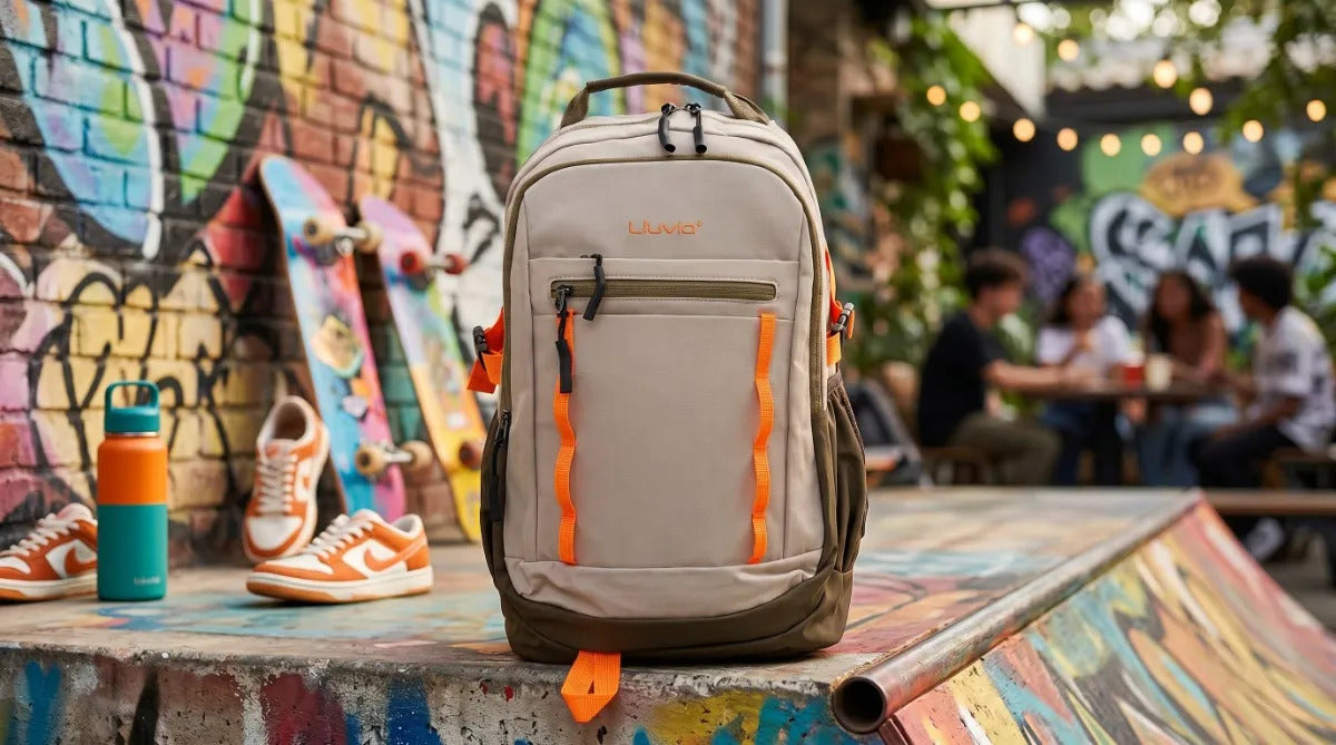 Mochila Escolar Lluvia Beige Verde Olivo Y Naranja Neón