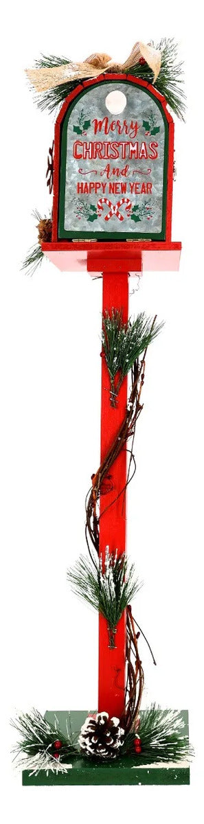 Buzón Navideño De Madera Rojo Con Pino Nevado 77 Cm