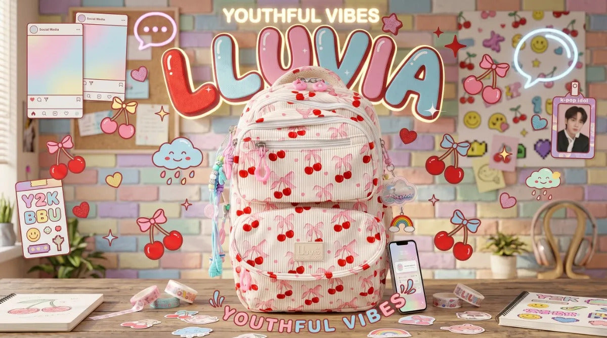 Mochila Juvenil Lluvia Grande Diseño Cherry Con Llavero