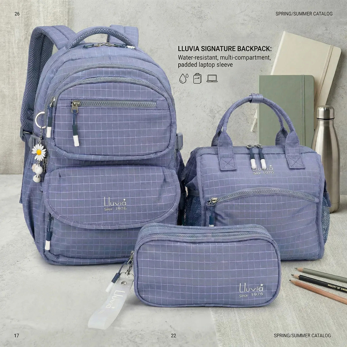 Set 3 Piezas Lluvia Azul Cuadros Mochila Lonchera Lapicera