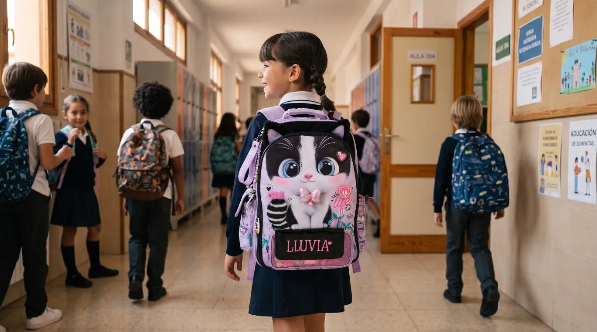Mochila Lluvia Gatito Ojos Grandes Lila Gran Capacidad