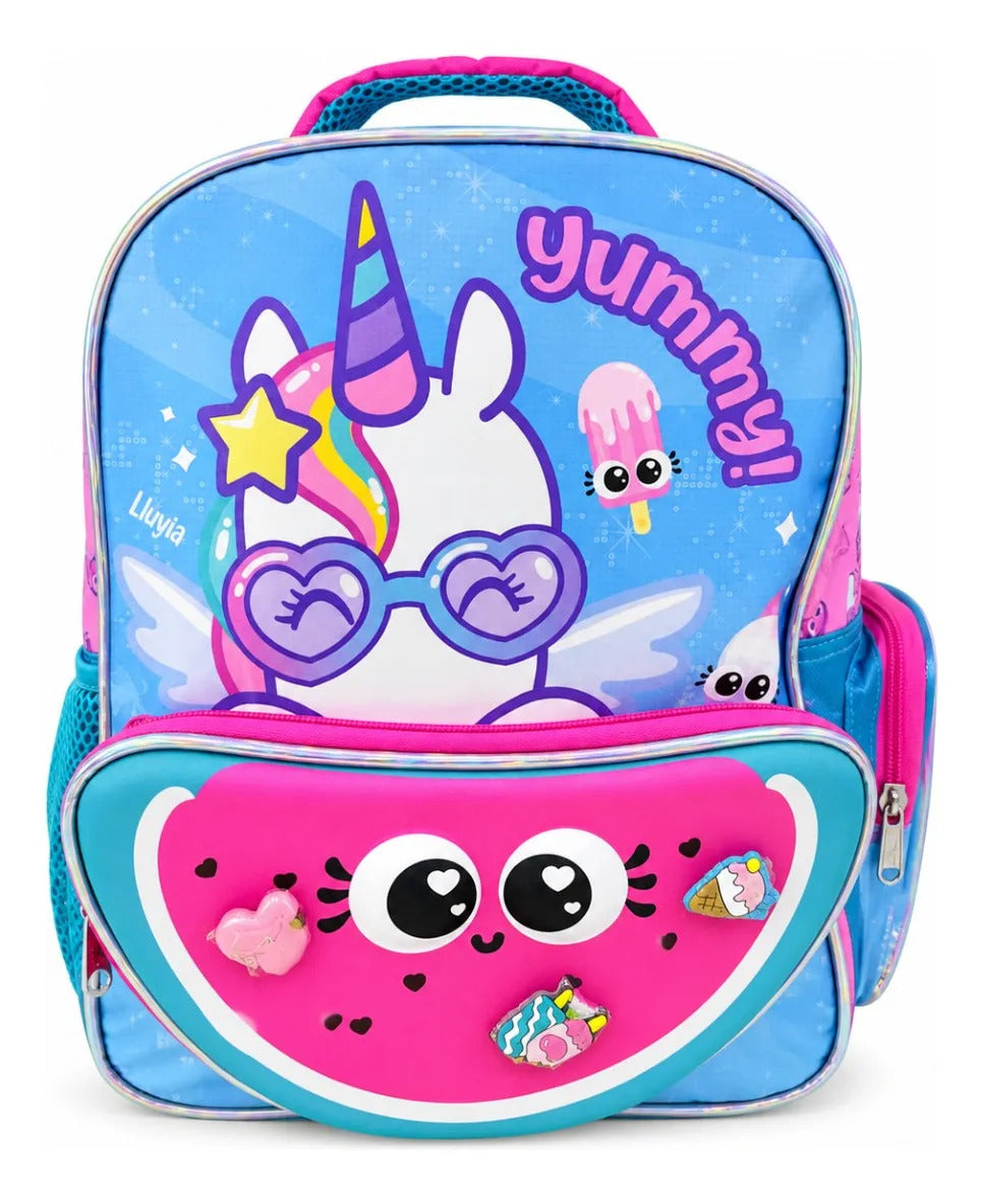 Mochila Kinder Ruz Unicornio Onix Con Pines Color Azul Rosa