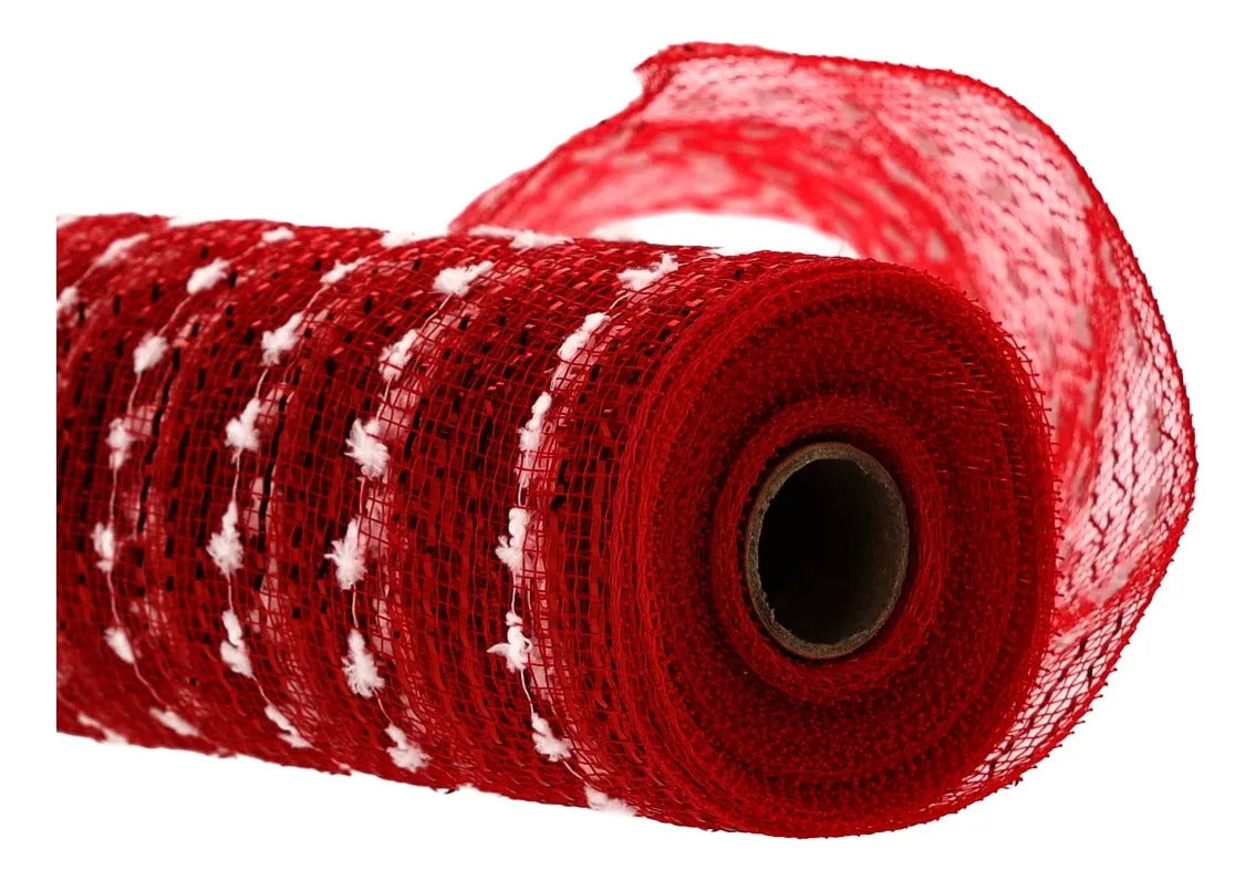 Malla Navideña lluvia Roja Con Felpa Blanca 9 Metros x 26 cm