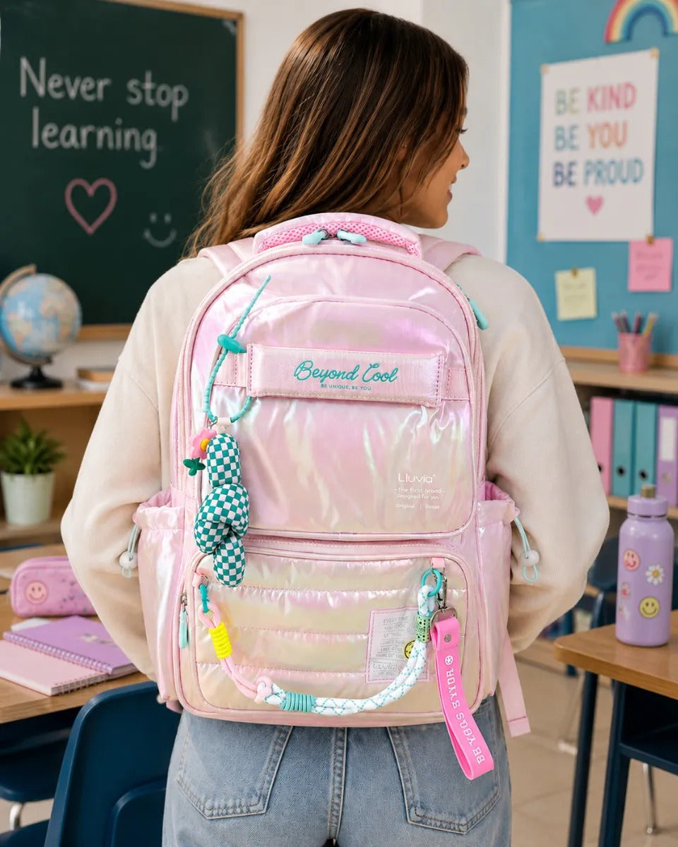 Mochila Escolar Lluvia Rosa Tornasol Con Llavero Incluido