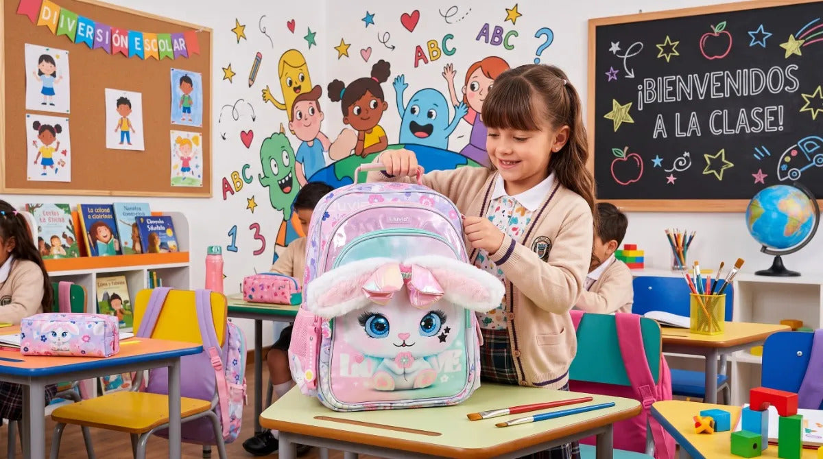 Mochila Escolar Lluvia Conejita Tierna Y Llavero Decorativo