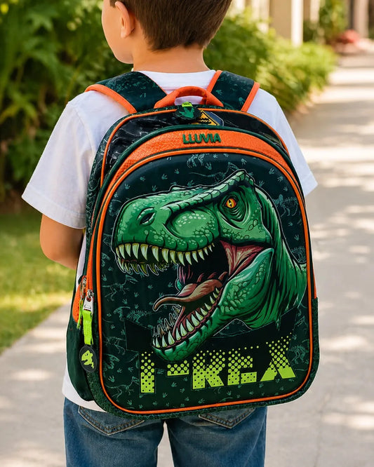Mochila Escolar Lluvia Dinosaurio T Rex Aventura Con Luz