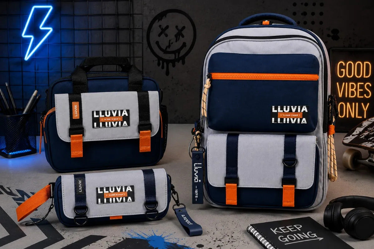 Set Mochila Juvenil Lluvia Azul Marino Y Naranja Tres Piezas