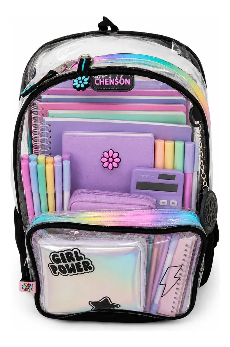 Mochila Escolar Chenson Happy Girl Negra Frente Transparente
