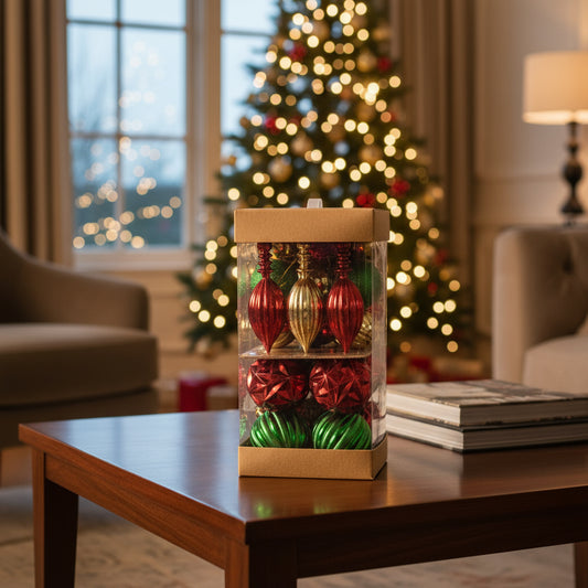Caja De 74 Esferas Navideñas Lluvia  Rojo, Verde Y Dorado