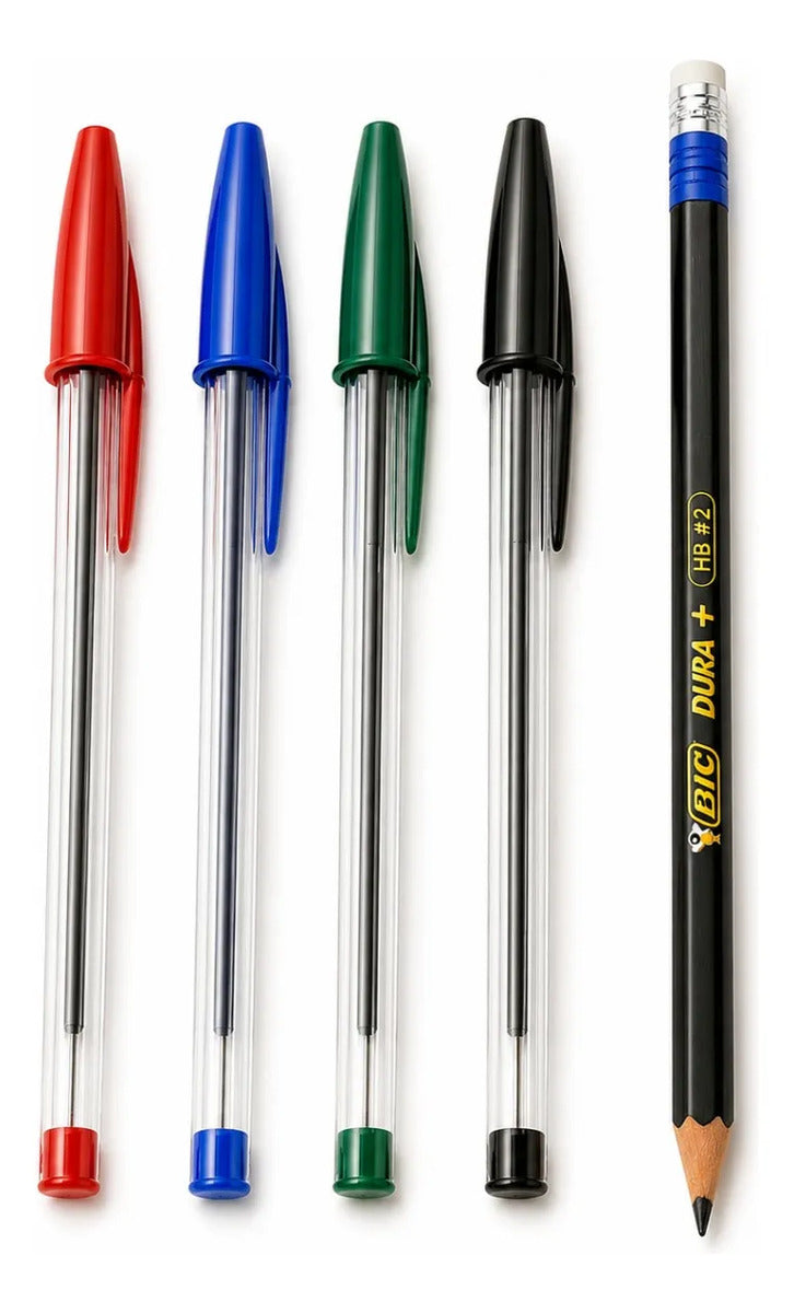 Plumas Bic Cristal Dura Mas Colores Básicos Con Lápiz Hb