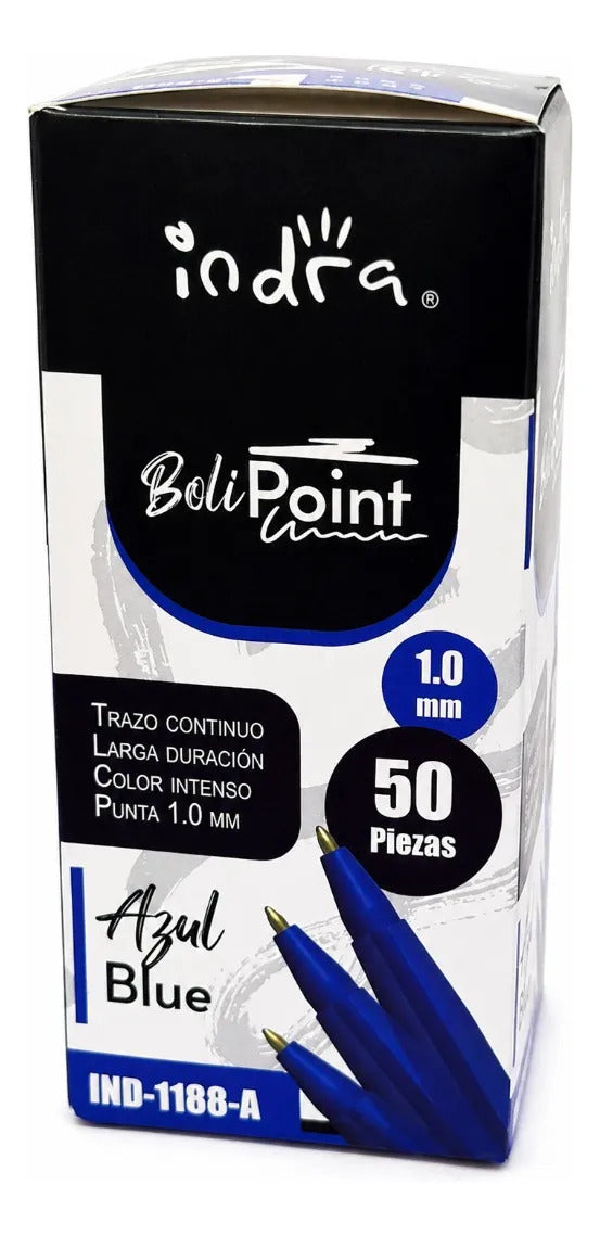 Plumas Indra Tinta Azul Punto Mediano 1.0 Mm 50 Piezas