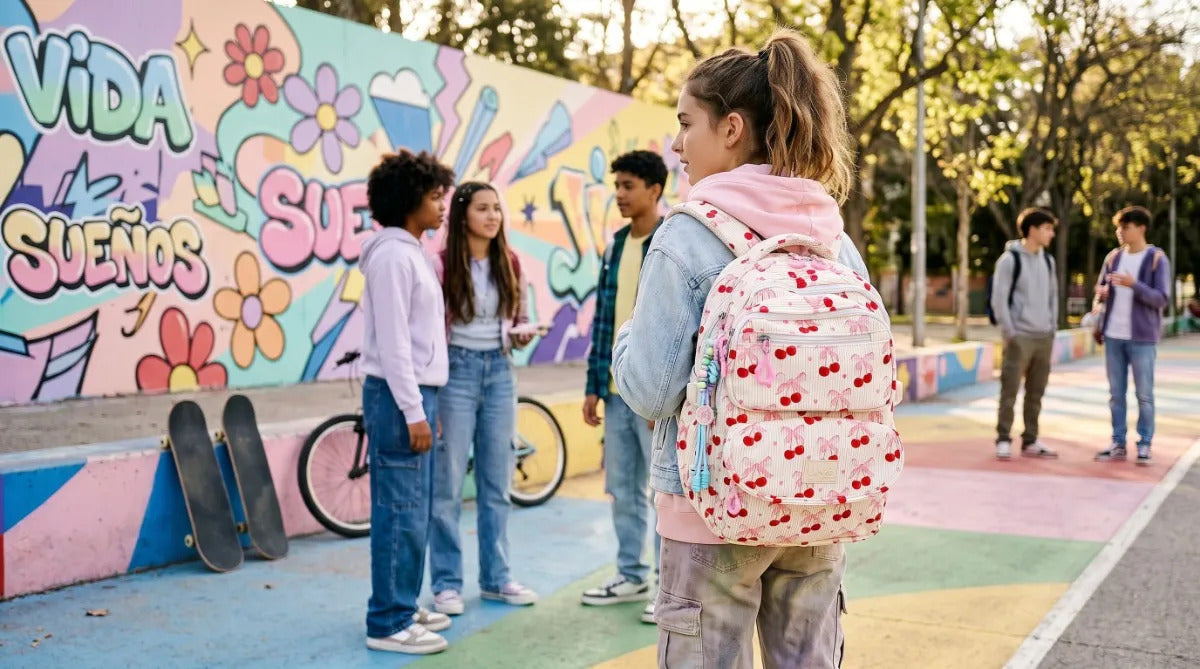 Mochila Juvenil Lluvia Grande Diseño Cherry Con Llavero