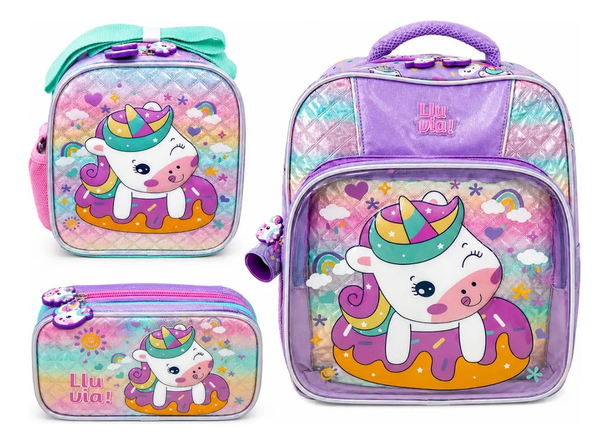 Set Tres Piezas Lluvia Unicornio Lila Con Lonchera Lapicera