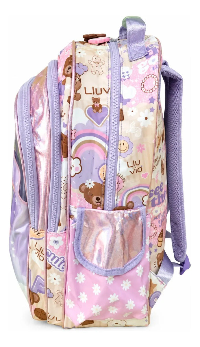 Mochila Lluvia Color Lila Con Frente Transparente Osito Love